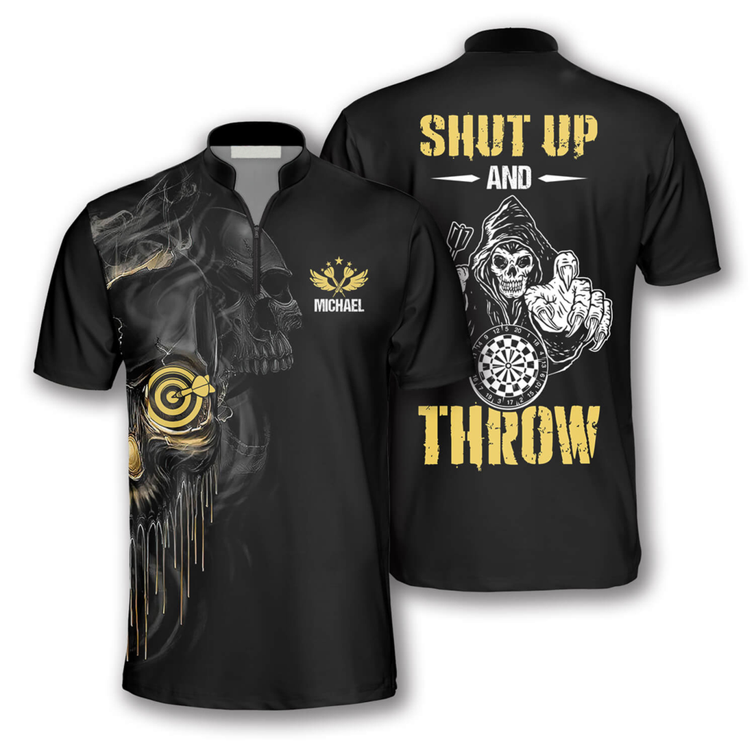 Custom Skull Shut Up and Throw Custom Darts Jerseys for Men, Best Shirt for Dart Player, Skull Zipper Polo Shirt