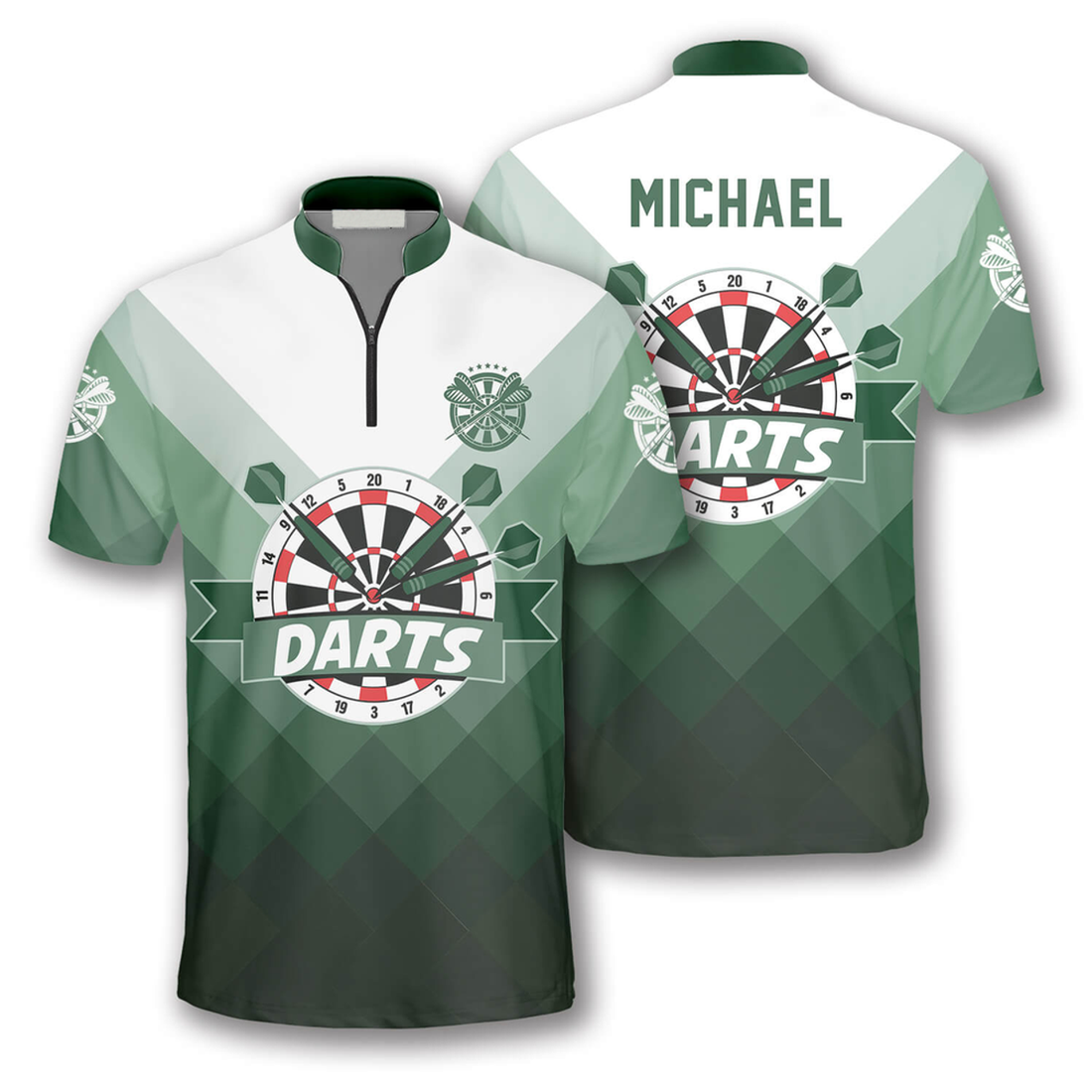 Custom Personalized Name Gradient Green Custom Darts Jerseys for Men, Zipper Polo Shirt for Dart Player