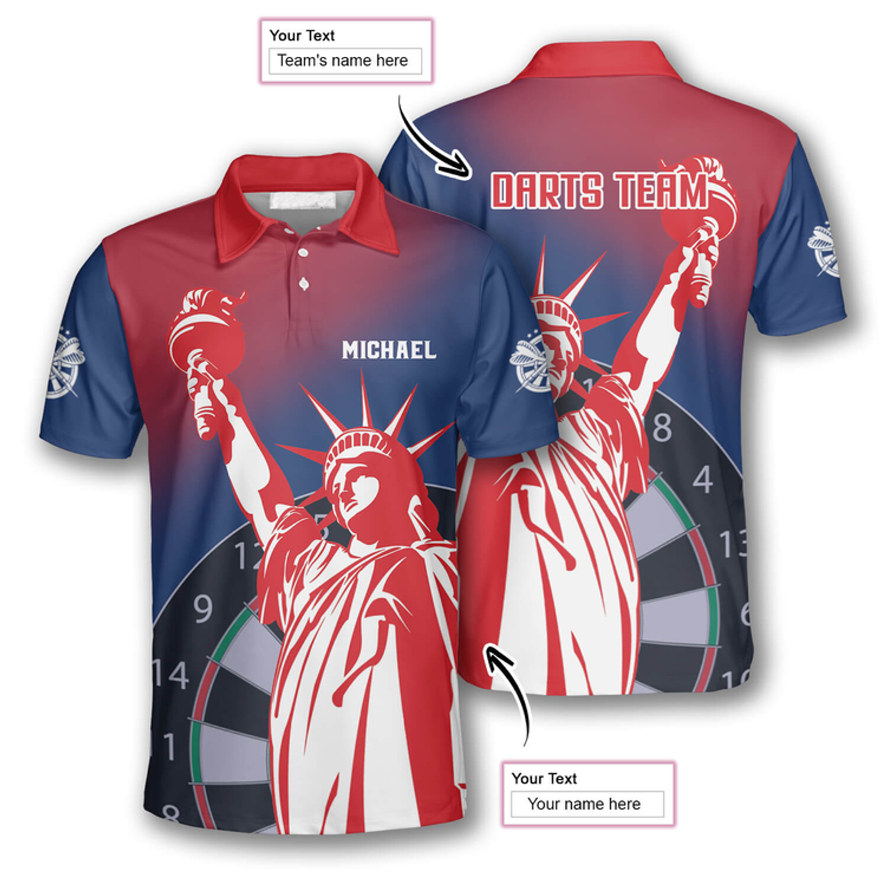 Custom 3D All Over Print Darts Statue of Liberty Custom Polo Shirts for Men