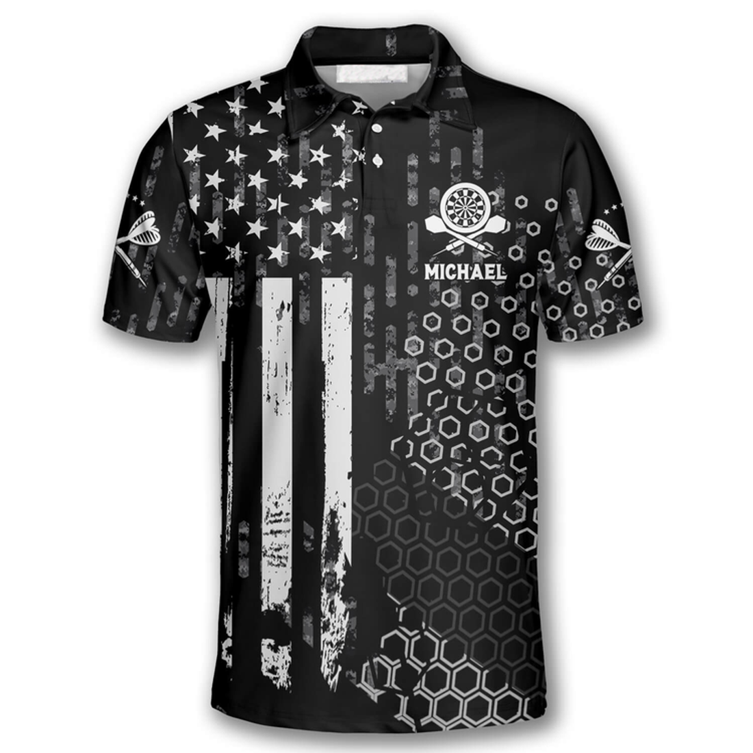 Custom US Flag Hive Pattern Custom Darts Polo Shirts for Men, Dart Costume Pool Player Gift