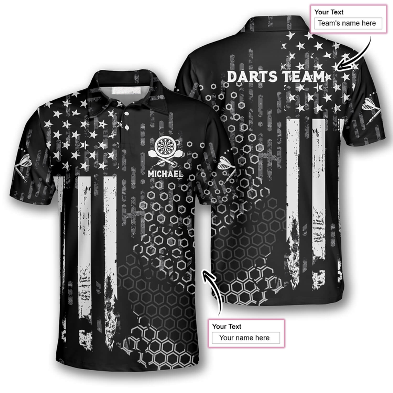 Custom US Flag Hive Pattern Custom Darts Polo Shirts for Men, Dart Costume Pool Player Gift