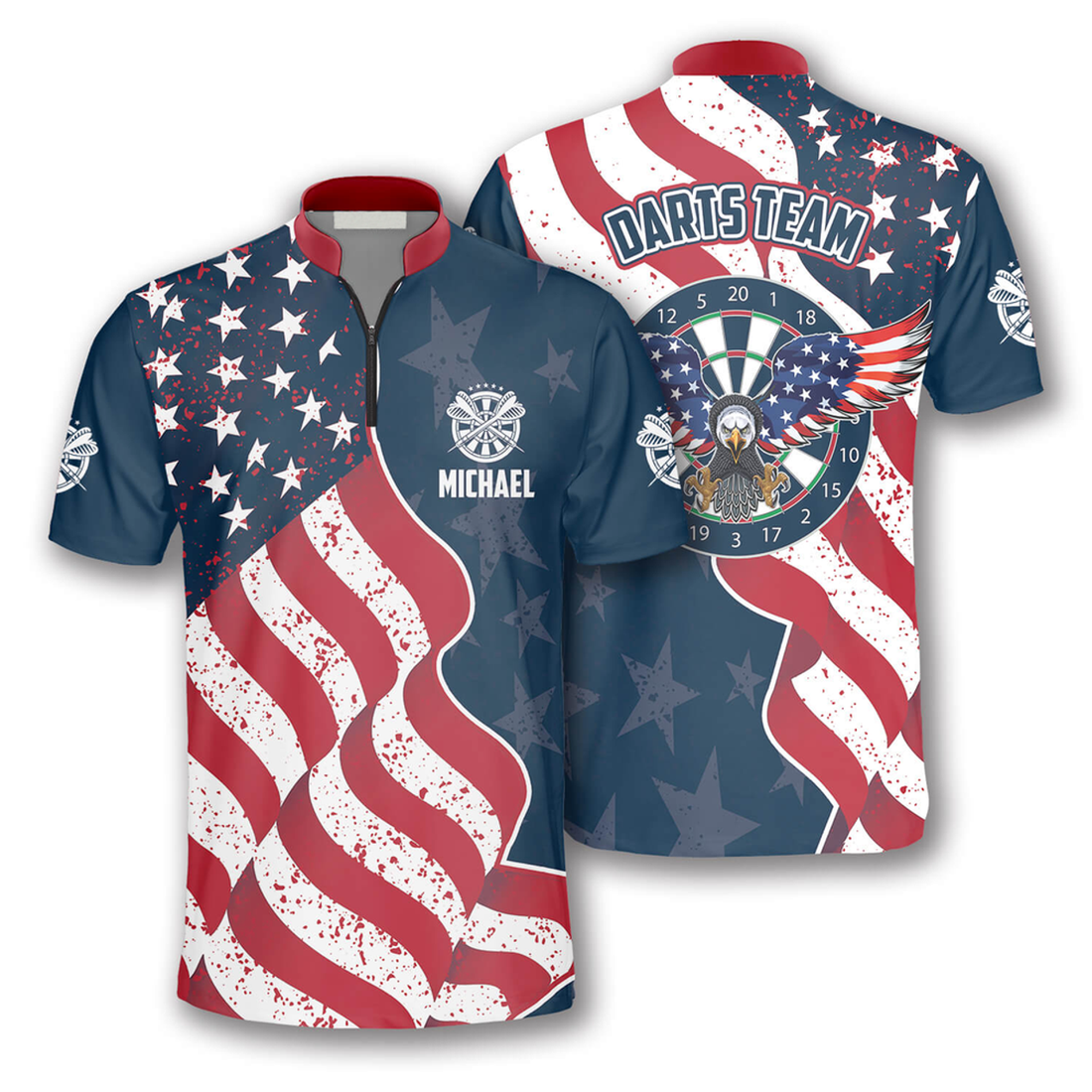 Custom Zipper Polo Shirt Eagle Waving Flag Custom Darts Jerseys for Men, Flag American Dart Shirt