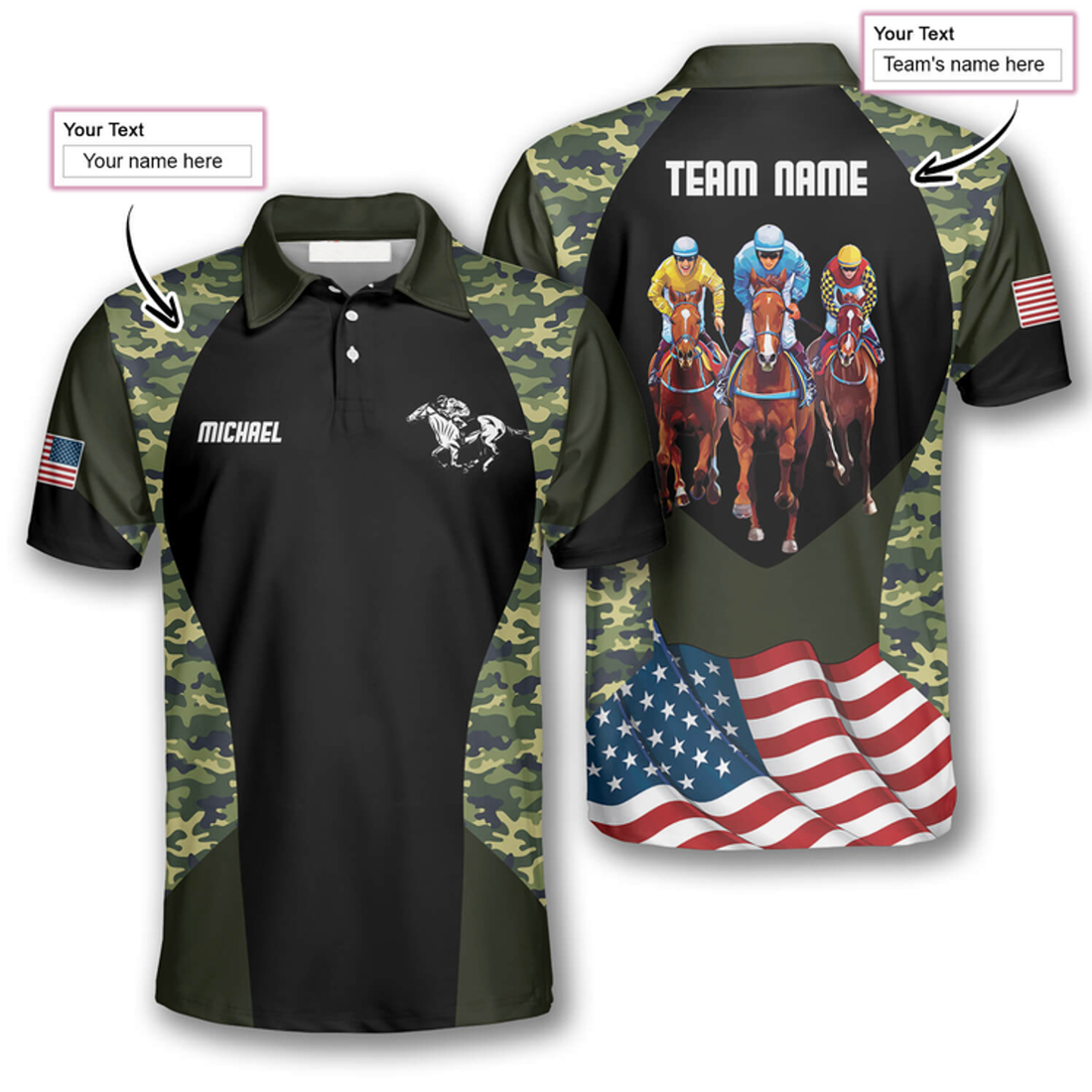 Custom Horse Racing Camo Waving Flag Custom Equestrian Shirts For Men