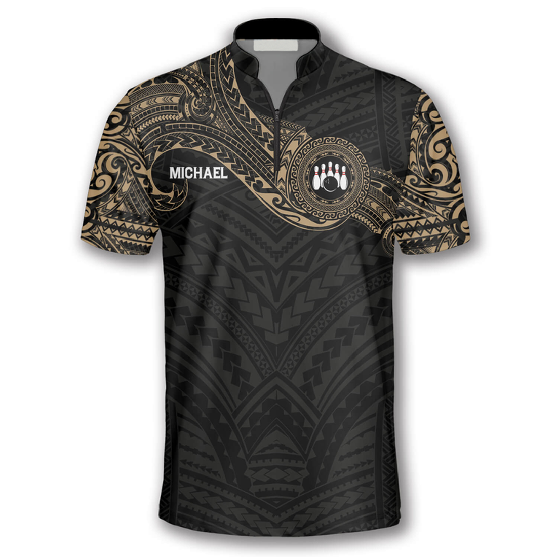 Custom Golden Tribal Tattoo Custom Bowling Jerseys for Men, Zipper Polo Shirt Bowling Shirt