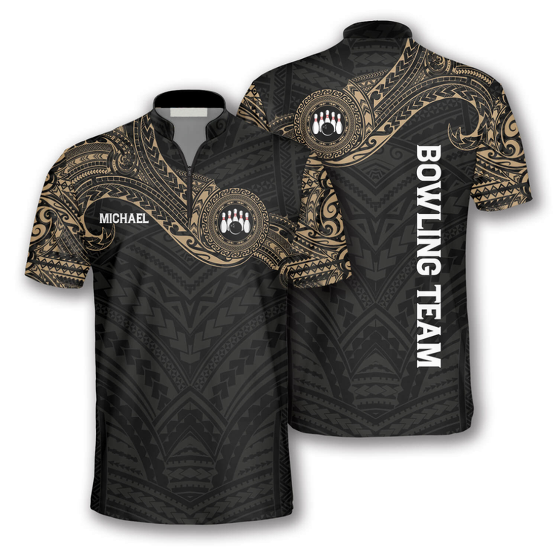 Custom Golden Tribal Tattoo Custom Bowling Jerseys for Men, Zipper Polo Shirt Bowling Shirt