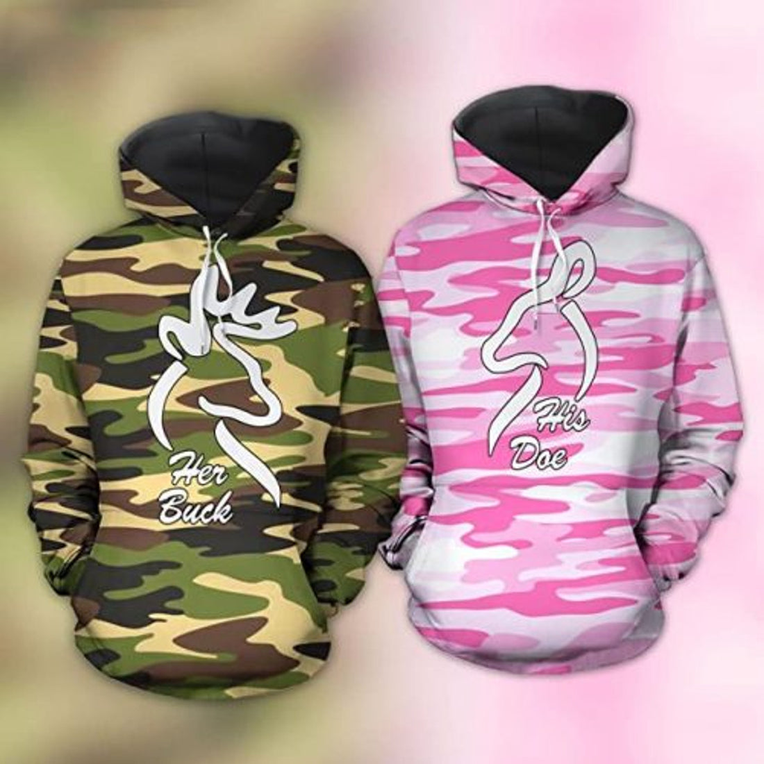 FUNSTUFFPRINT Personalized Deer Couple 3D All Over Hoodie His Doe Her Buck Camo 3D Hoodie and Zip Hoodie