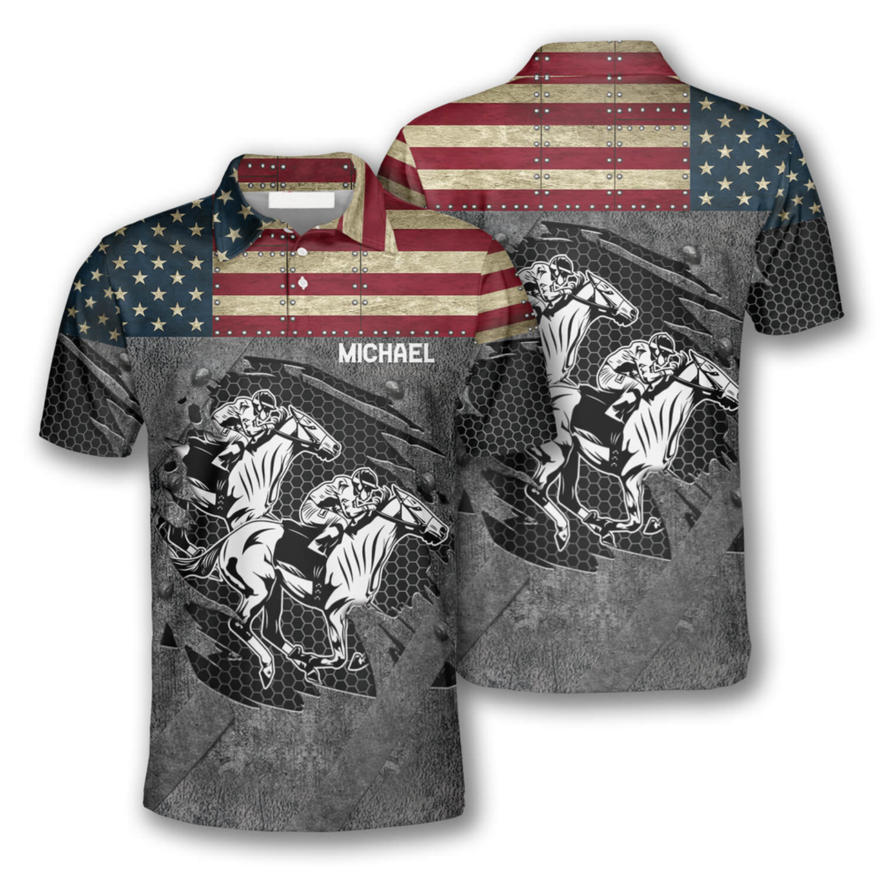 Custom Horse Racing Retro American Flag Custom Equestrian Shirts For Men