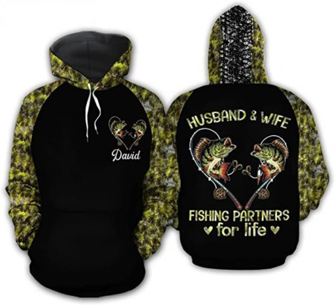 FUNSTUFFPRINT Personalized Fishing Couple 3D All Over Hoodie Husband & Wife Fishing Partners For Life 3D Hoodie and Zip Hoodie