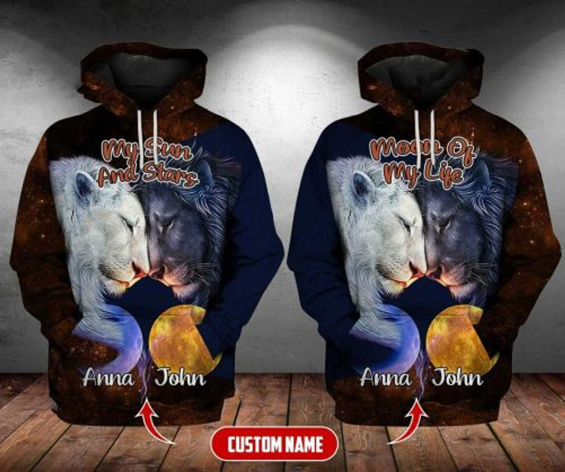 FUNSTUFFPRINT Personalized Lion Couple 3D All Over Hoodie My Sun And Stars Moon Of My Life 3D Hoodie and Zip Hoodie
