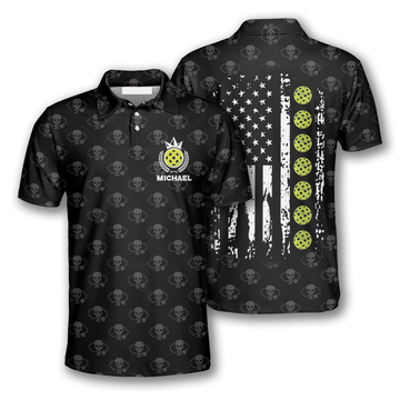 Custom Custom Name Skull Pattern American Flag Custom Pickleball Polo Shirts for Men