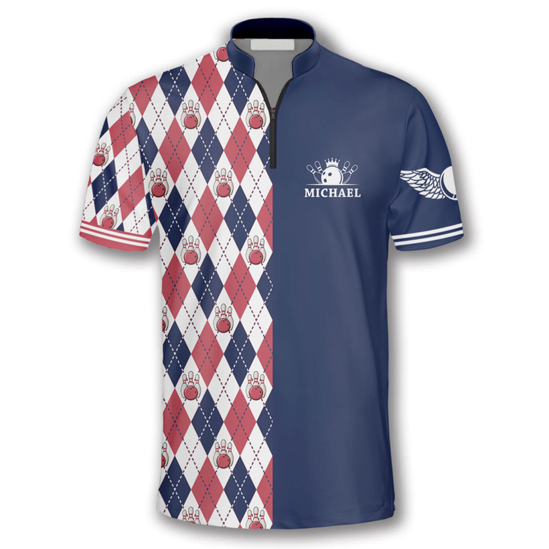 Custom Rhombus Pattern Custom Bowling Jerseys for Men, Personalized Zipper Polo Shirt Bowling Shirt