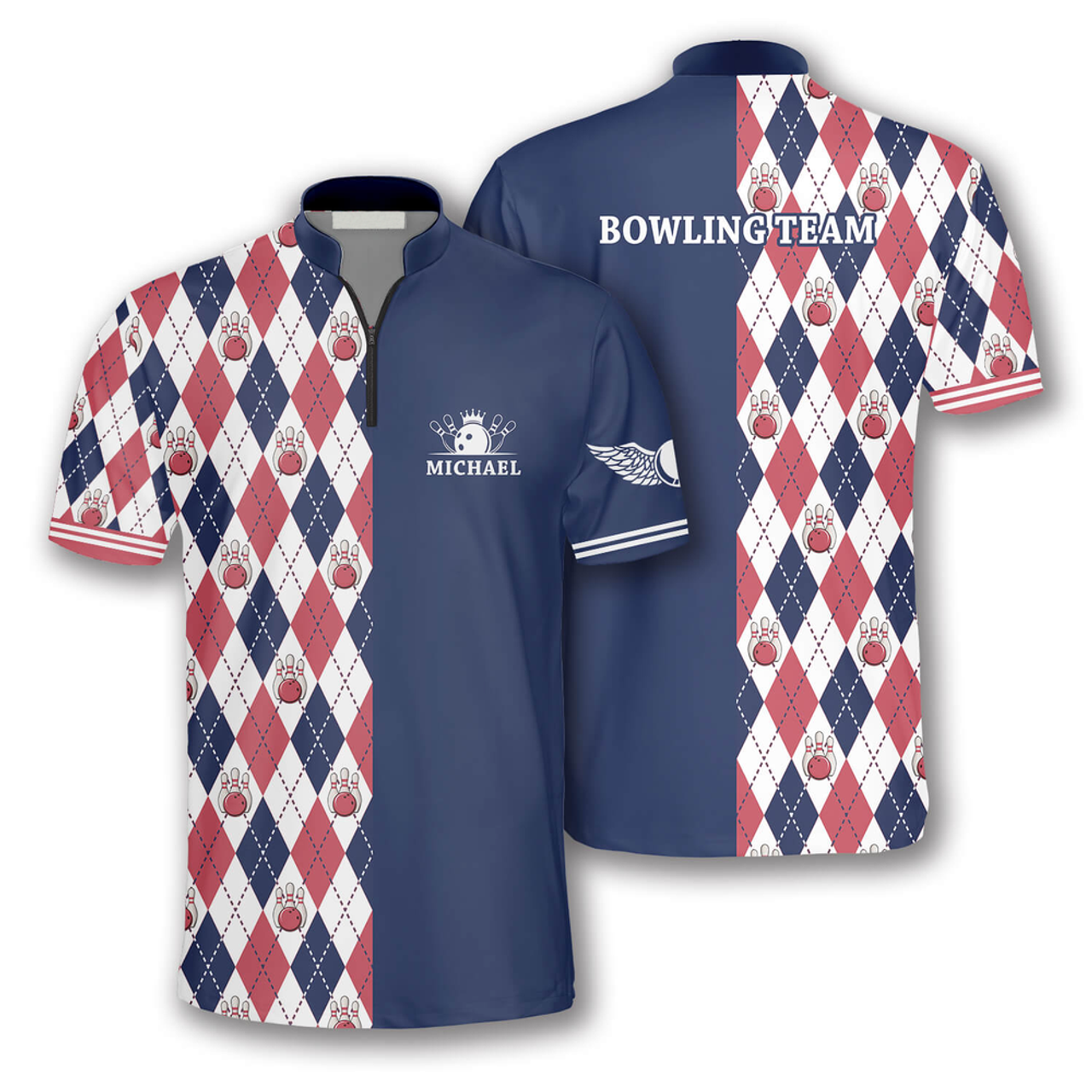 Custom Rhombus Pattern Custom Bowling Jerseys for Men, Personalized Zipper Polo Shirt Bowling Shirt