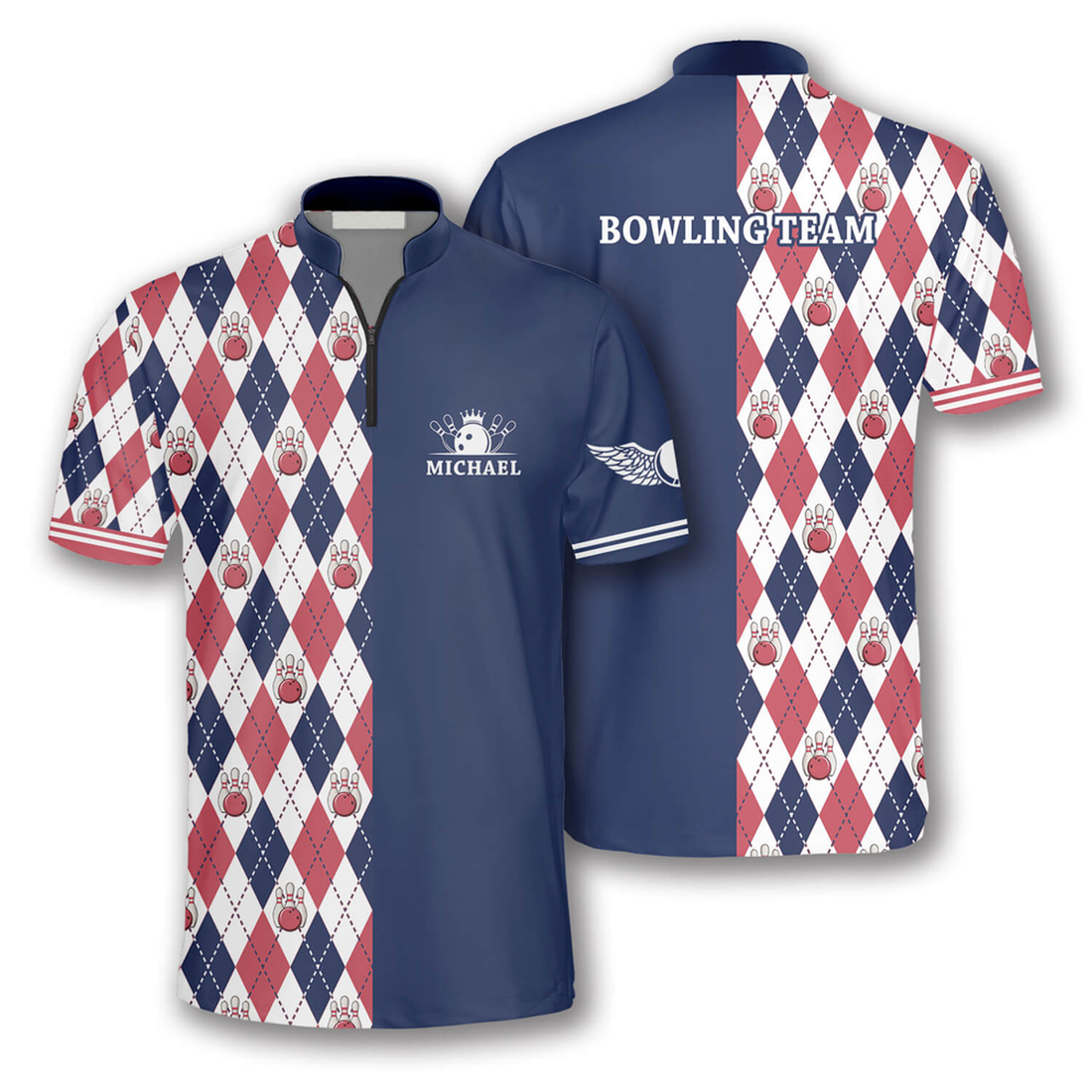 Custom Rhombus Pattern Custom Bowling Jerseys for Men, Personalized Zipper Polo Shirt Bowling Shirt