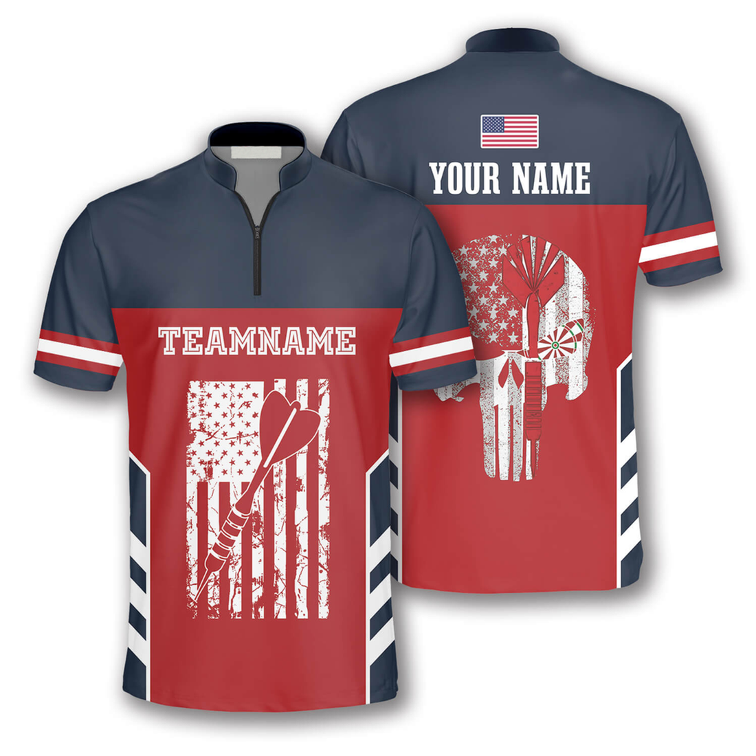 Custom Skull American Flag Red Blue Custom Darts Jerseys for Men, Dart Shirt, Flag American Zipper Polo Shirt