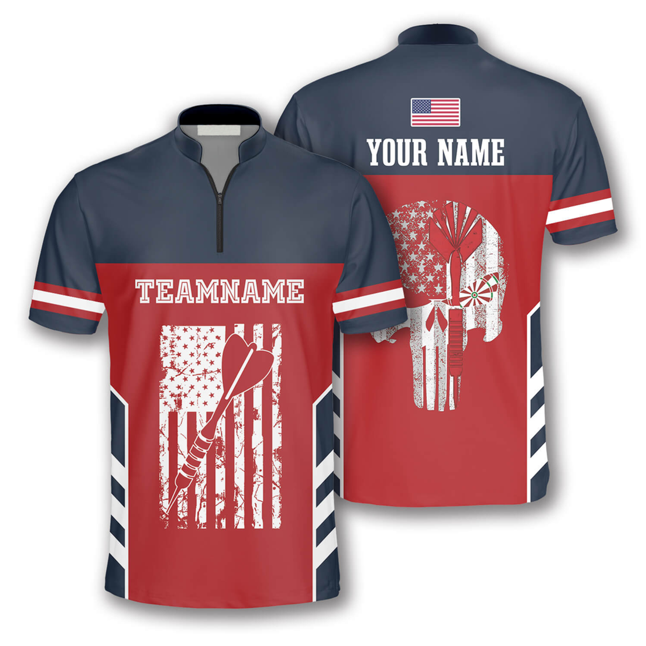 Custom Skull American Flag Red Blue Custom Darts Jerseys for Men, Dart Shirt, Flag American Zipper Polo Shirt
