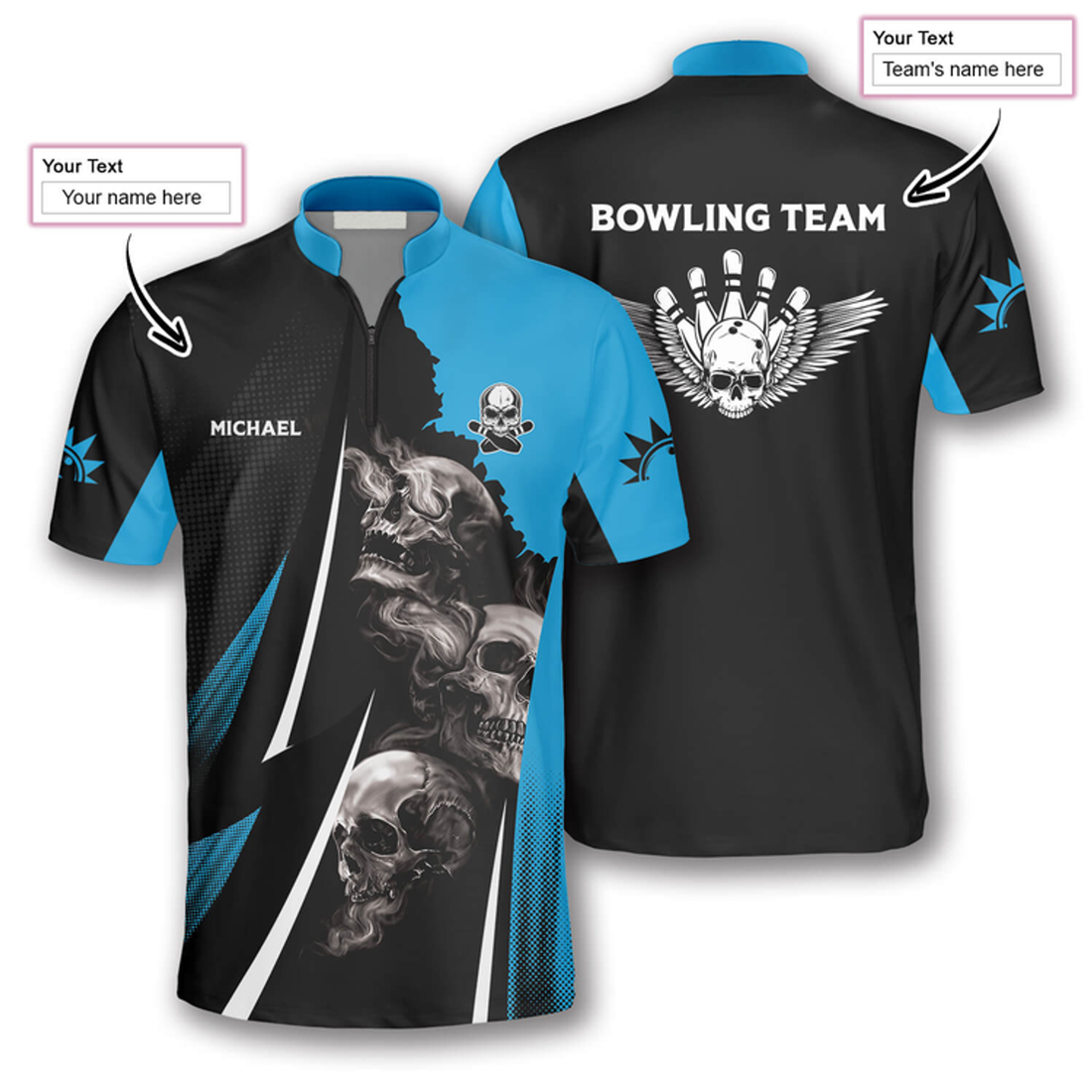 Custom Skull Strike King Custom Bowling Jerseys for Men, Bowling Skull Wing Shirt, Skull Zipper Polo Shirt