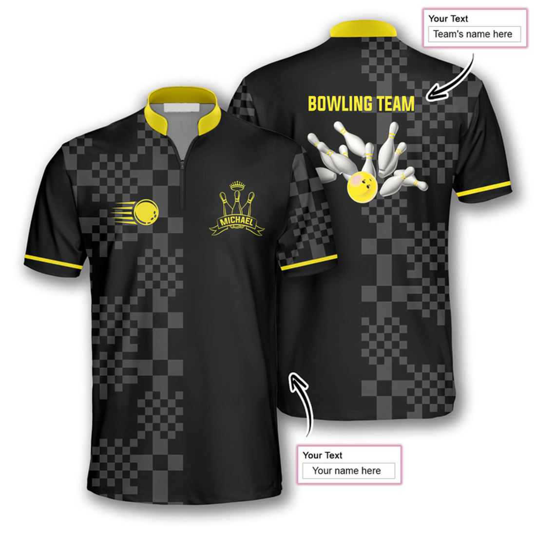 Custom Sporty Abstract Pattern Custom Bowling Jerseys for Men, Zipper Polo Shirt Bowling Shirt, Bowling Team Shirt
