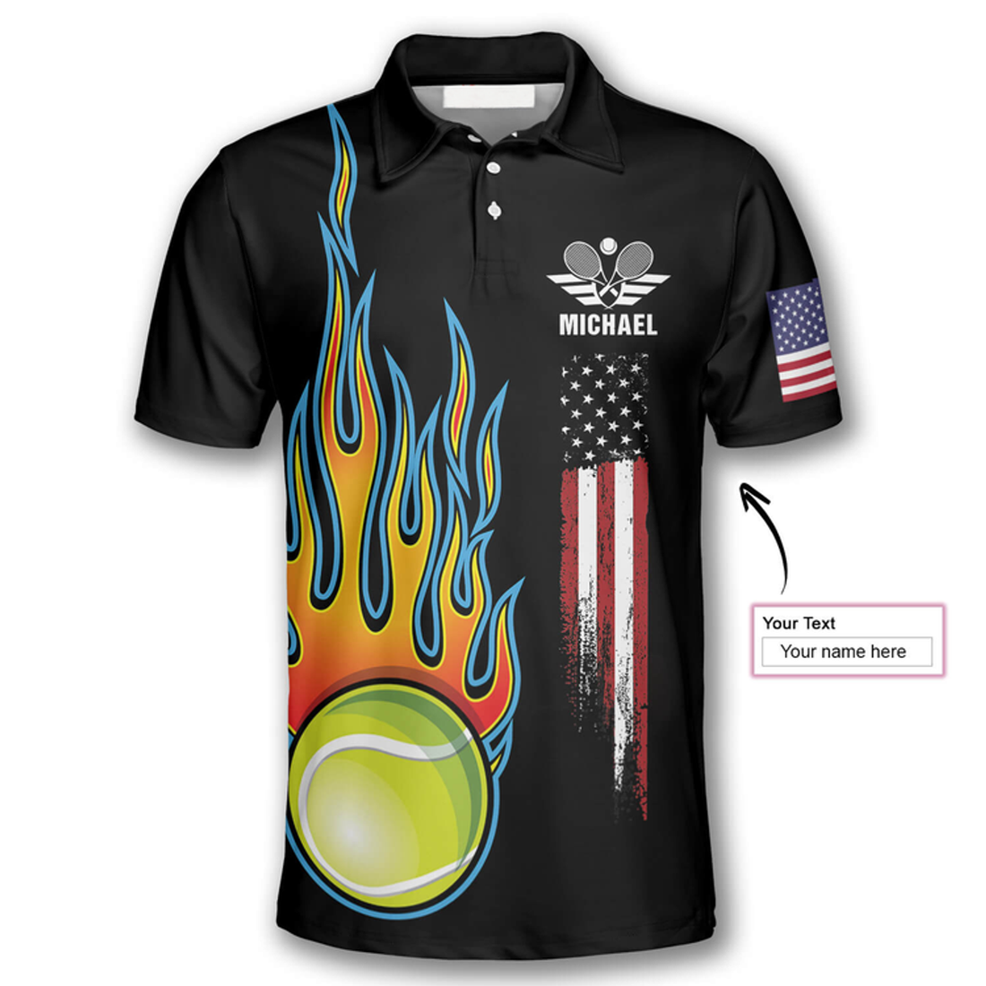 Custom Tennis Ball Flame American Flag Custom Polo Tennis Shirts for Men
