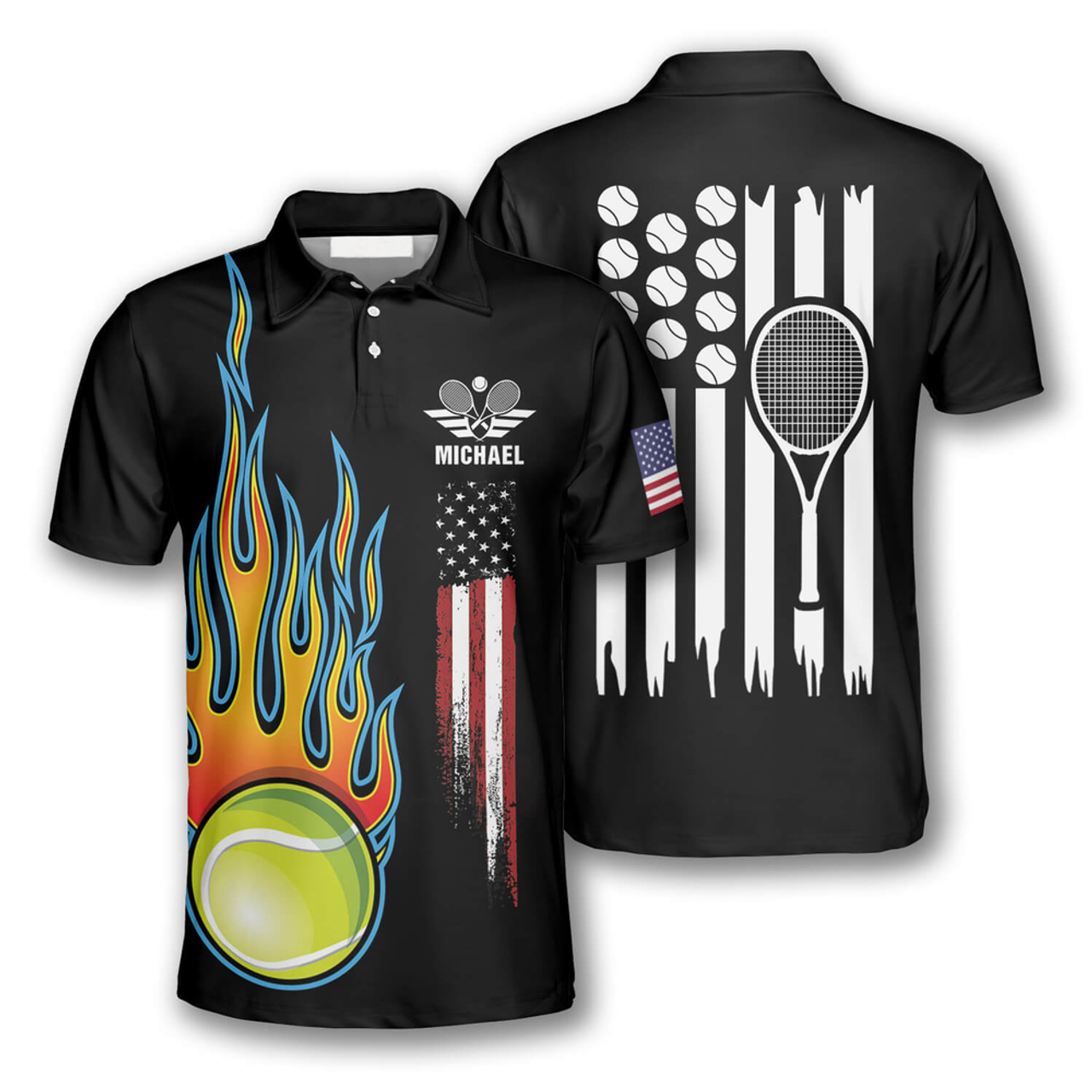 Custom Tennis Ball Flame American Flag Custom Polo Tennis Shirts for Men