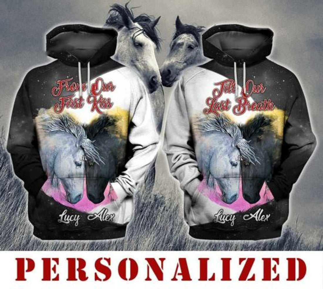 FUNSTUFFPRINT Personalized Horse Couple 3D All Over Hoodie From Our First Kiss Till Our Last Breath 3D Hoodie and Zip Hoodie