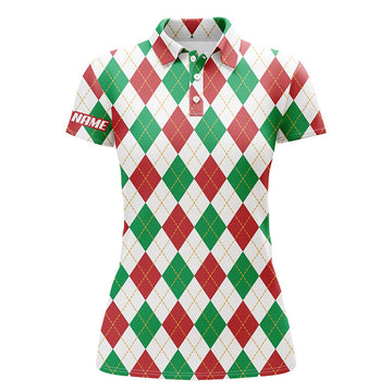 Custom Personalized Christmas Plaid Argyle Pattern Womens Golf Polo Shirt Custom Team Golf Polo Shirts, Perfect Gift For Women