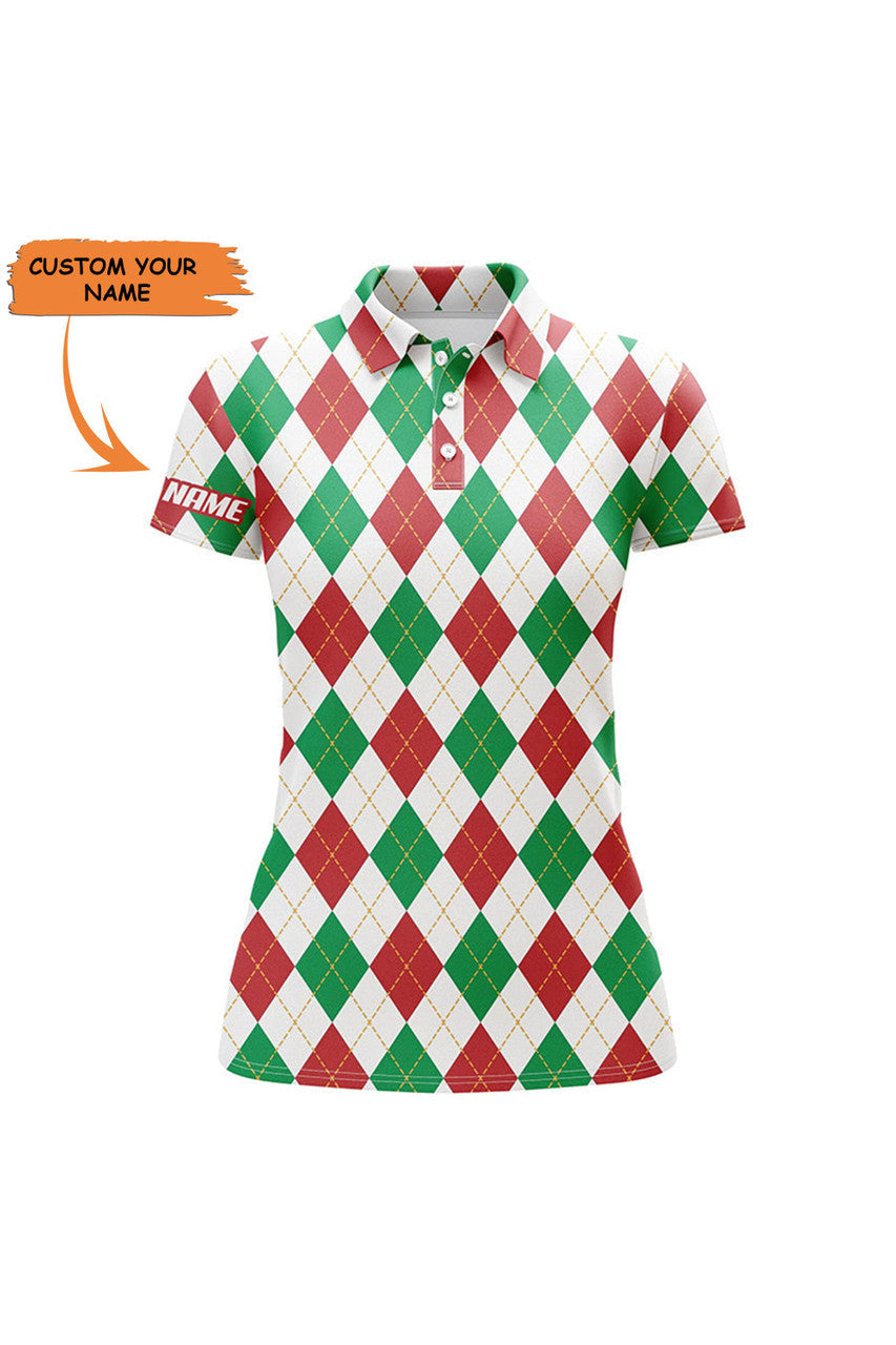 Custom Personalized Christmas Plaid Argyle Pattern Womens Golf Polo Shirt Custom Team Golf Polo Shirts, Perfect Gift For Women