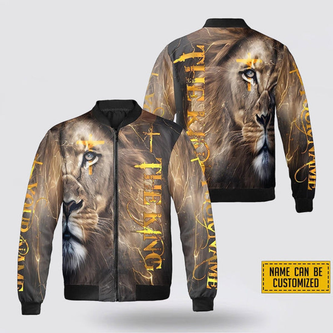 FUNSTUFFPRINT Personalized Name The King Lion Christian Jesus Bomber Jacket For Men Women 3D Bomber Jacket