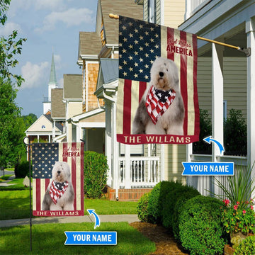 Personalized Dog Flags, Old English Sheepdog God Bless America Custom House Flag, Garden Flags Dogs, Dog House Flags