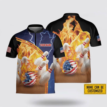 Custom Personalized Fire American Flag Bowling Jersey Shirt – Perfect Gift for Bowling Fans