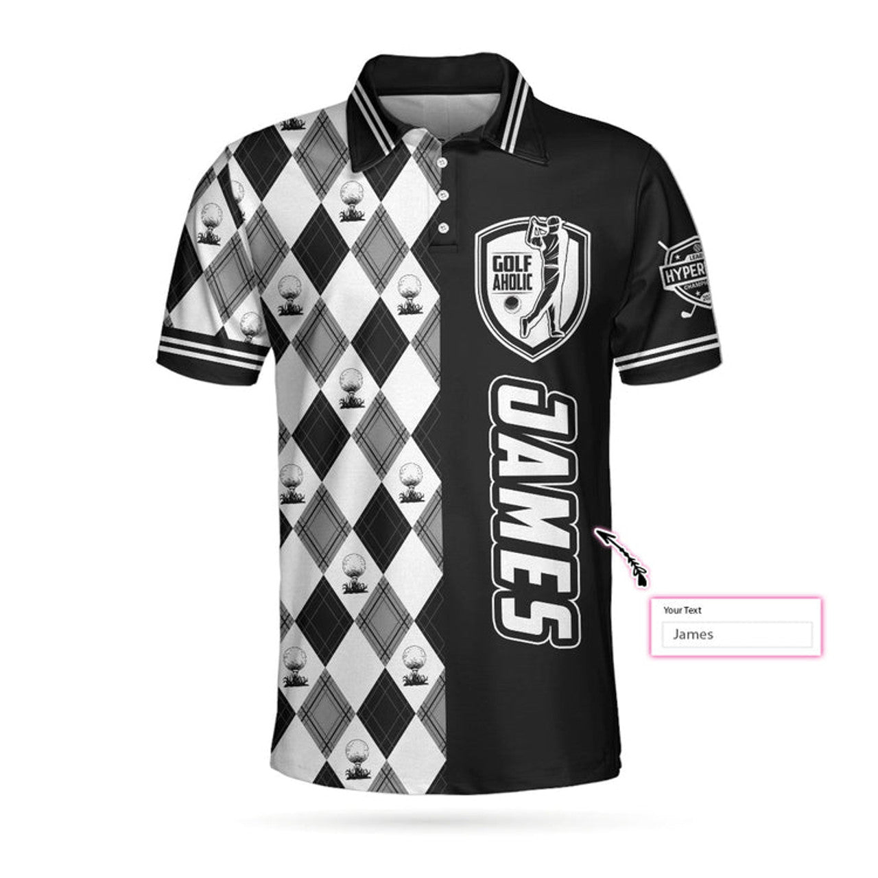 Personalized Golfaholic Custom Polo Shirt, Black And White Argyle Pattern Polo Shirt, Best Golf Shirt For Men