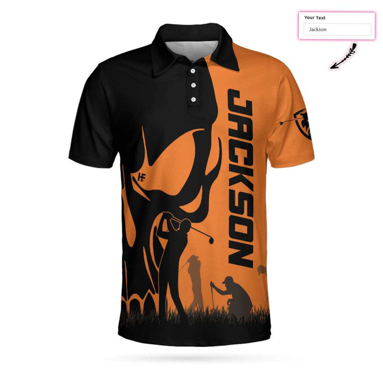 Personalized Golfer Skull Custom Polo Shirt, Black And Orange Polo Shirt, Best Golf Shirt For Men