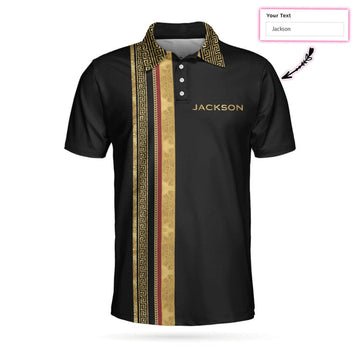 Personalized Luxury Baroque Pattern Golfer Custom Polo Shirt, Golden Greek Key Pattern Golf Shirt For Men