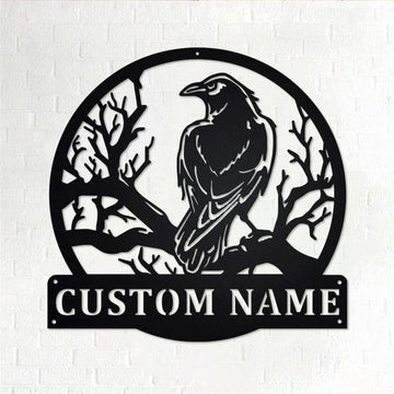 Personalized Metal Monogram Sign, Black Crow Sitting Night On Tree Metal Wall Art, Black Crow Name Sign, Decoration For Room