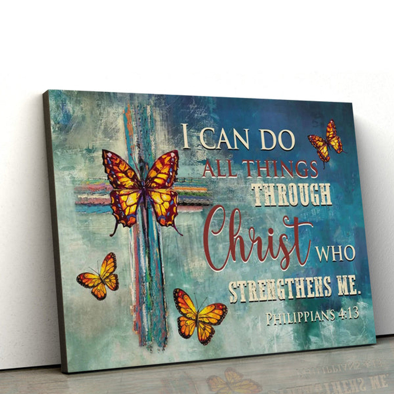 Philippians I Can Do All Things Through Christ Wall Art Canvas Butterflies Cross