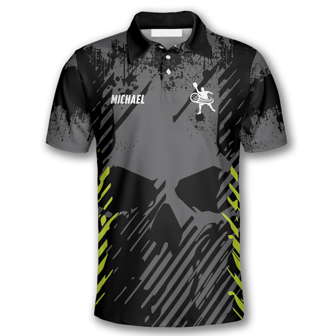 Custom Emblem Grey Grunge Skull Background Custom Pickleball Shirts For Men