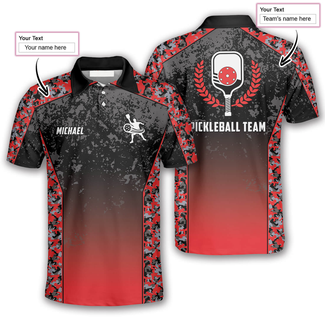 Custom Gradient Red Camouflage Custom Pickleball Shirts For Men