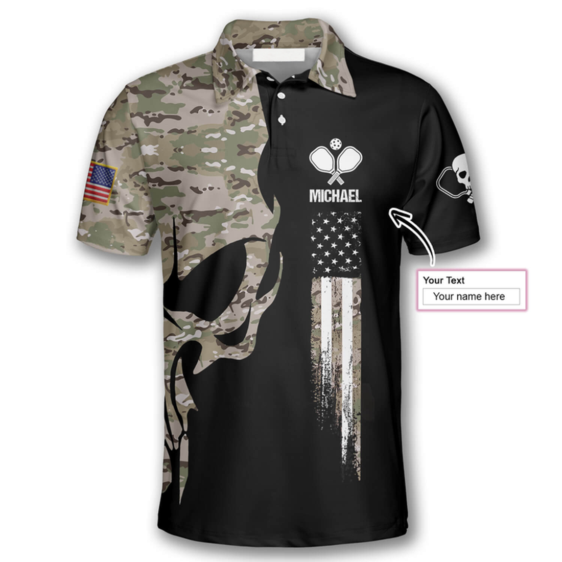 Custom Skull Camouflage American Flag Custom Pickleball Shirts For Men