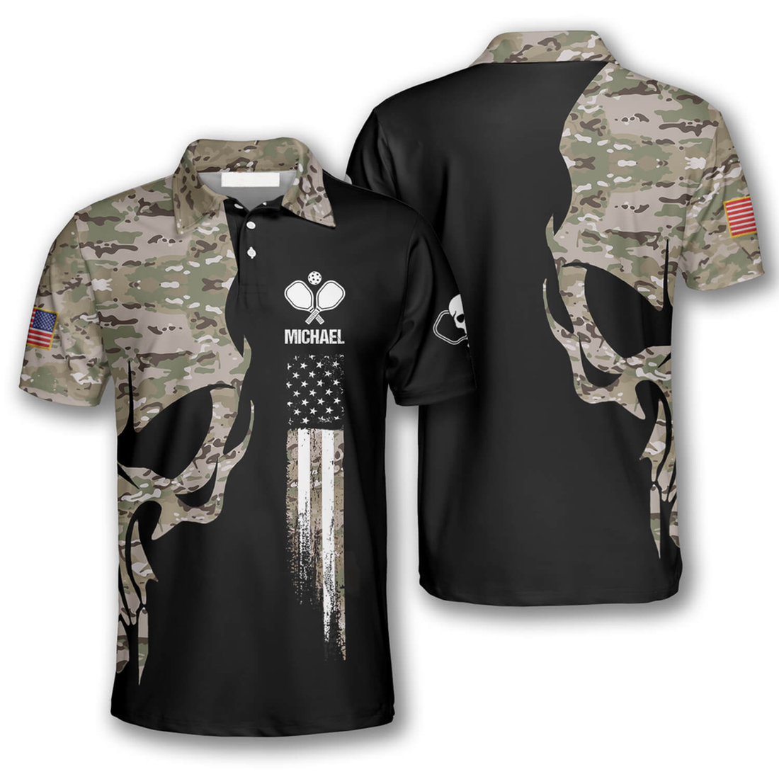 Custom Skull Camouflage American Flag Custom Pickleball Shirts For Men