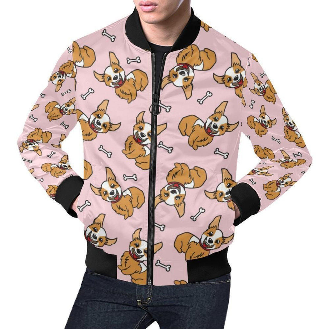 FUNSTUFFPRINT Pink Corgi Pattern Print Mens 3D Bomber Jacket