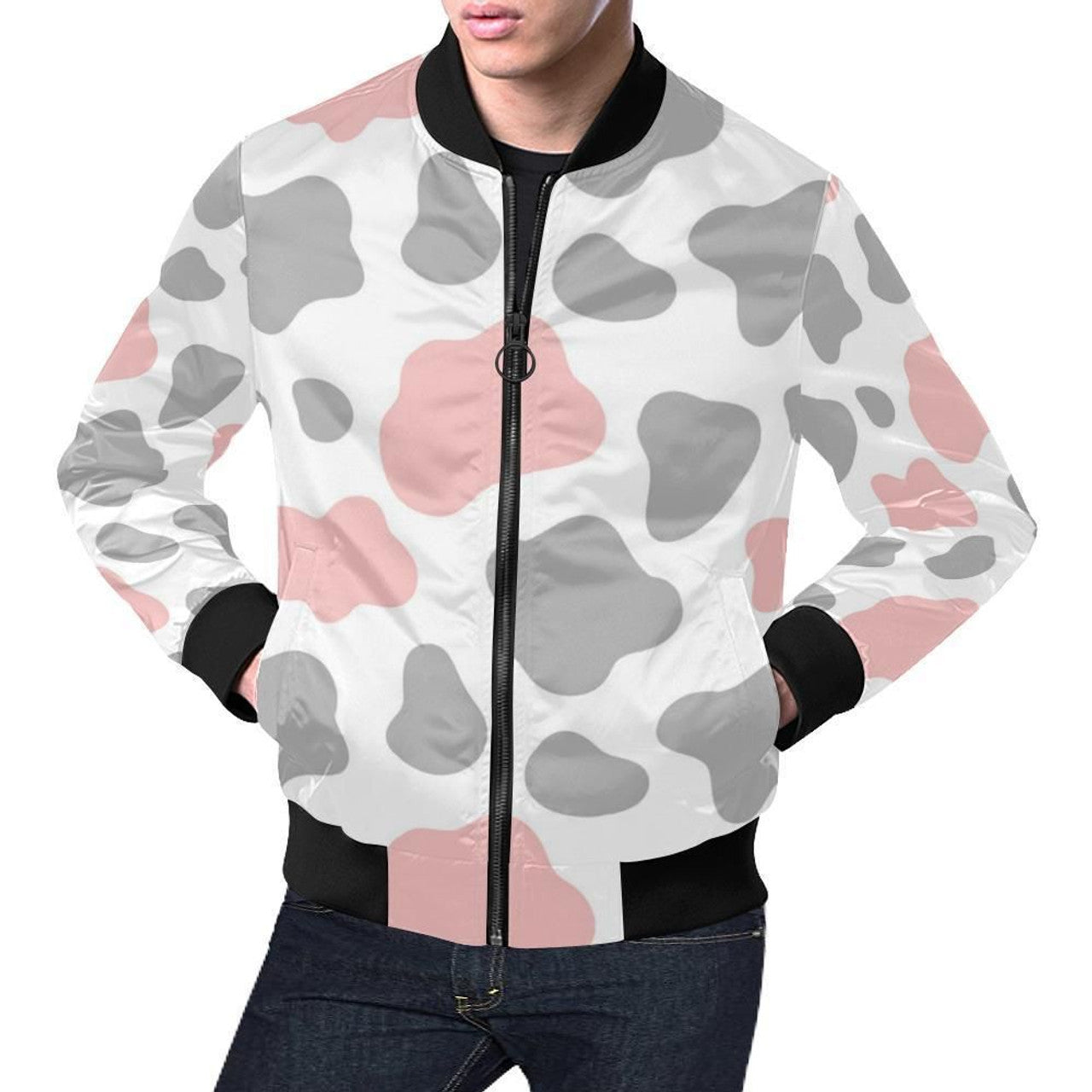 FUNSTUFFPRINT Pink Gray Cow Pattern Print Mens 3D Bomber Jacket