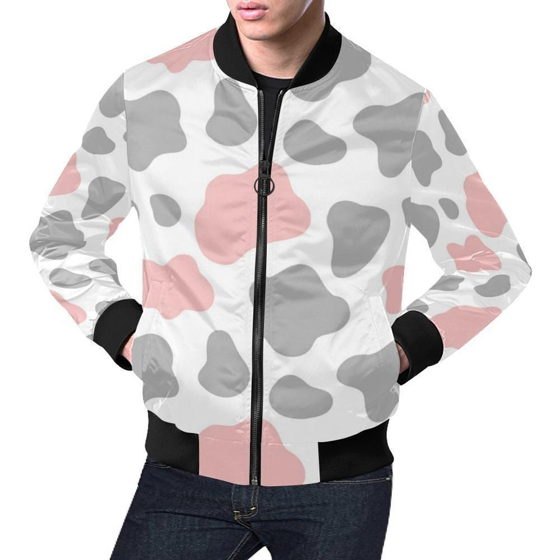 FUNSTUFFPRINT Pink Gray Cow Pattern Print Mens 3D Bomber Jacket