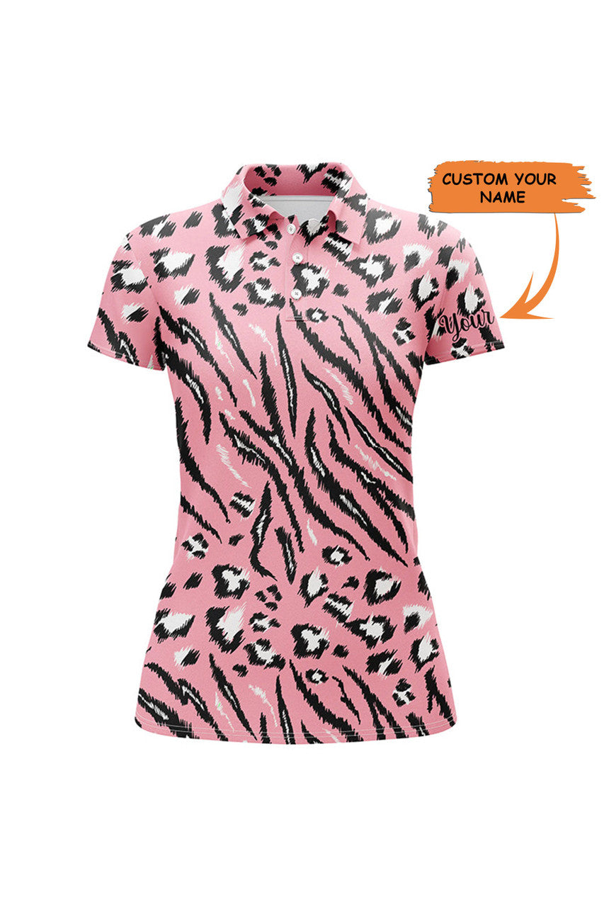 Custom Pink Tiger Leopard Texture Womens Golf Polo Shirts Custom Team Women Golf Shirts, Perfect Gift For Women