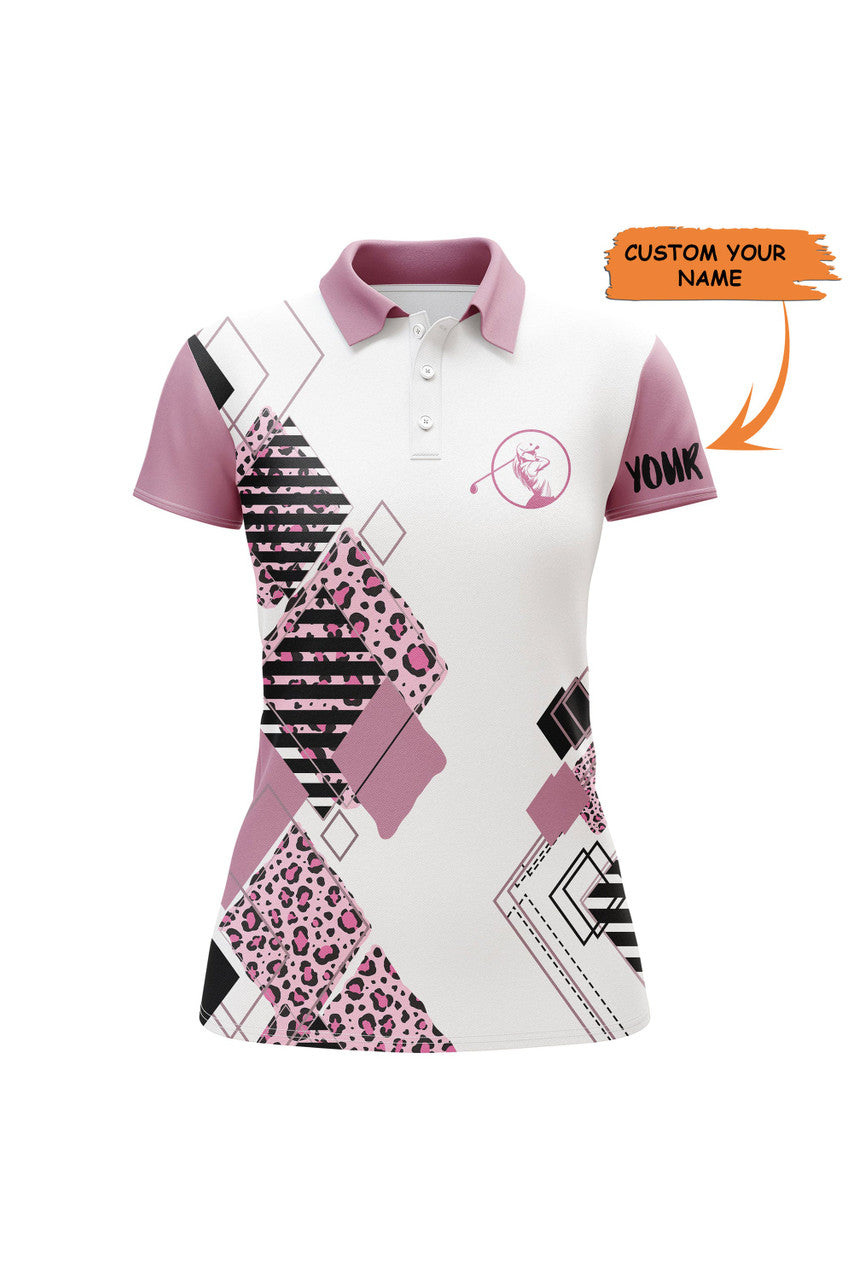 Custom Pink Womens Golf Polo White Shirt Leopard Pattern Custom Name Golf Gift For Women