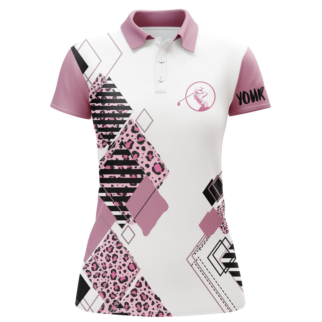 Custom Pink Womens Golf Polo White Shirt Leopard Pattern Custom Name Golf Gift For Women