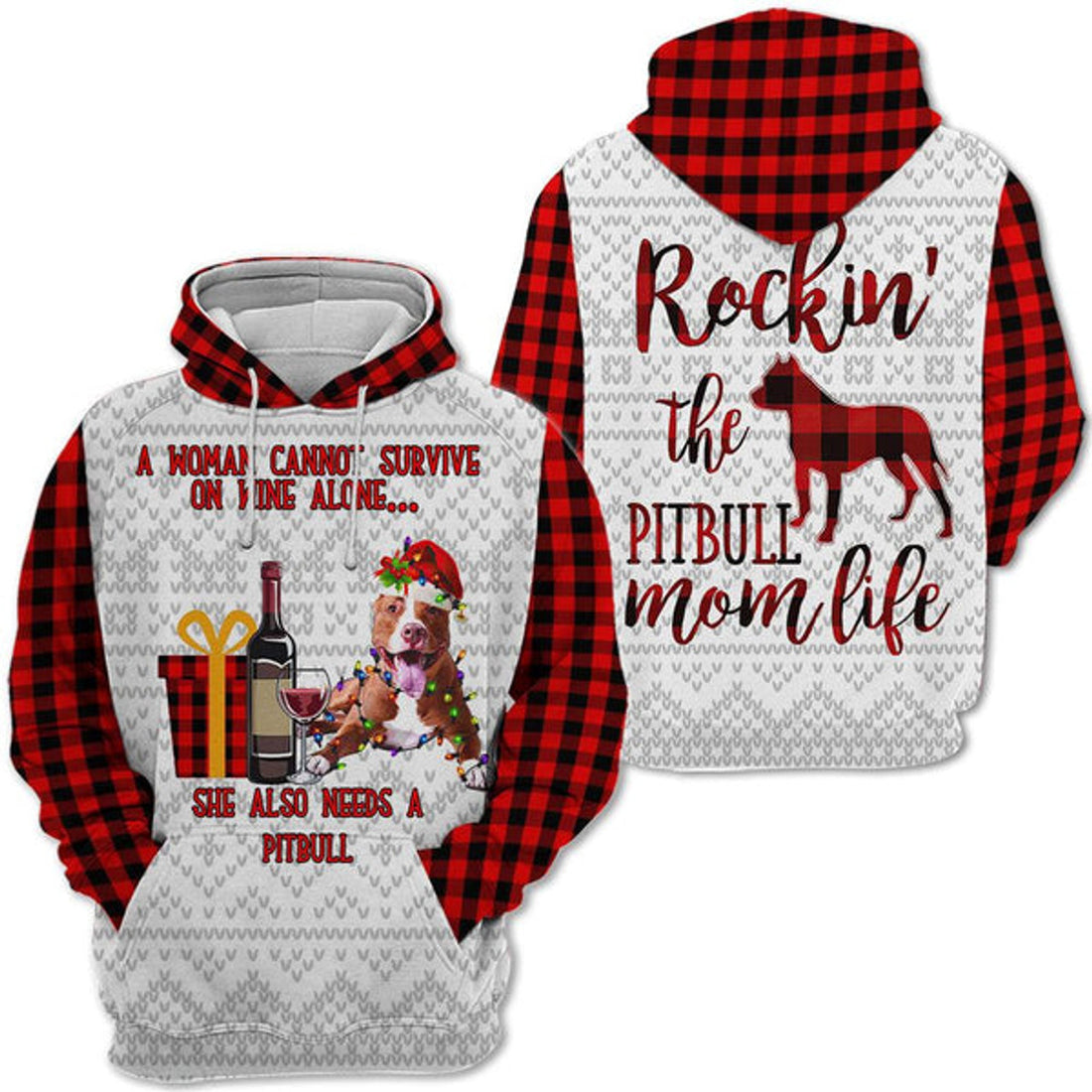 FUNSTUFFPRINT 3D Pitbull Dog Wine Christmas All Over 3D Hoodie and Zip Hoodie