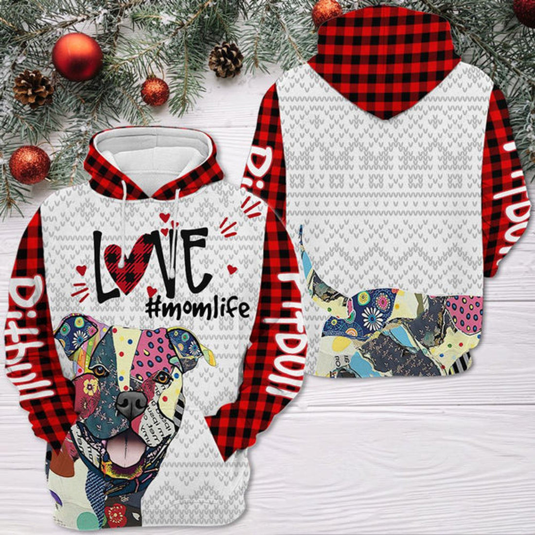 FUNSTUFFPRINT 3D Pitbull Patch Christmas All Over 3D Hoodie and Zip Hoodie
