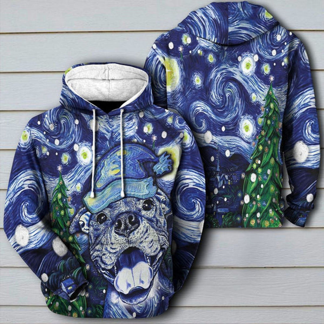 FUNSTUFFPRINT 3D Pitbull Starry Christmas Night All Over 3D Hoodie and Zip Hoodie