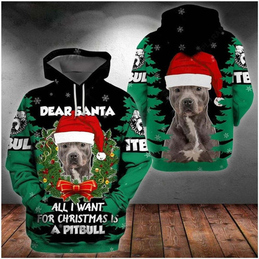 FUNSTUFFPRINT 3D Pitbull Terrier Christmas All Over 3D Hoodie and Zip Hoodie