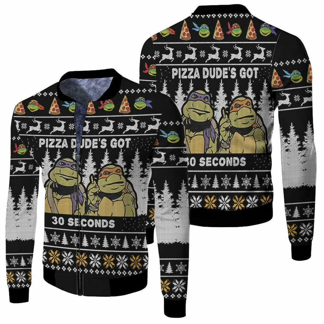 FUNSTUFFPRINT Pizza Dudes Got 30 Seconds Ninja Turtle Ugly Christmas Sweater 3D Bomber Jacket