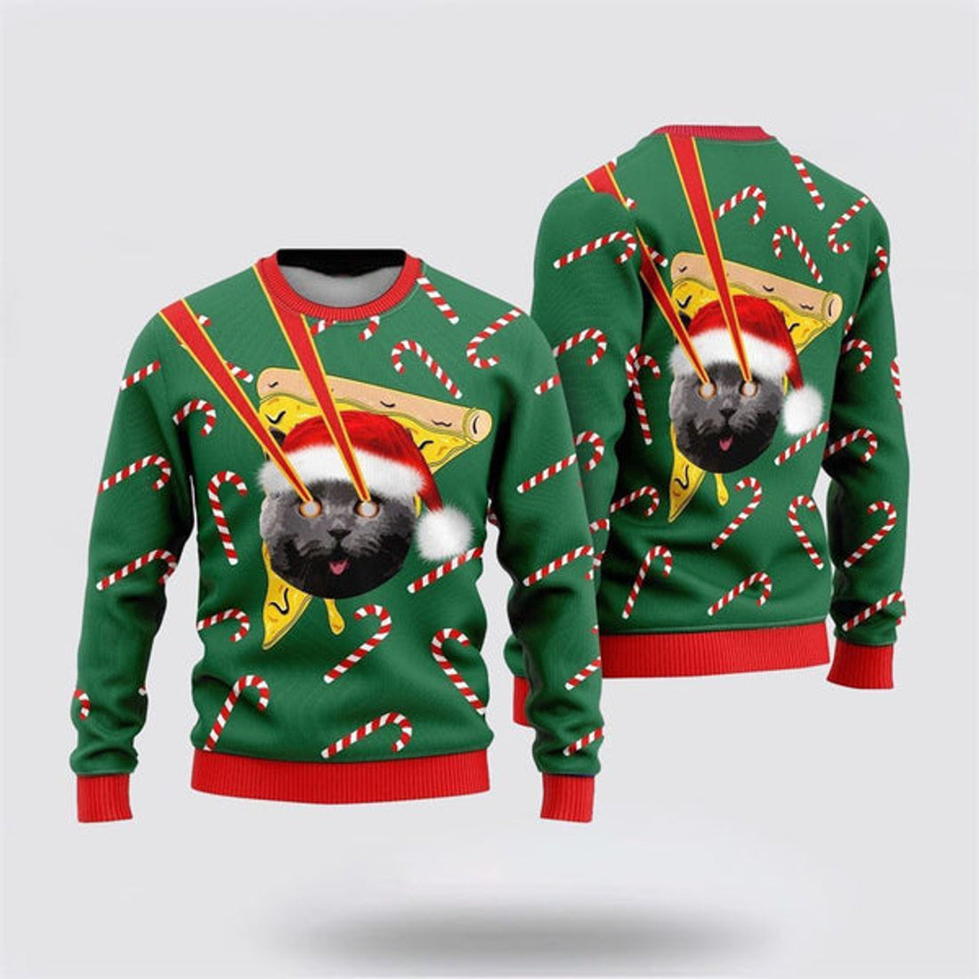 FUNSTUFFPRINT Pizza Black Cat With Laser Eyes Ugly Christmas Sweater For Men And Women, Best Gift For Christmas, Christmas Fashion Winter Ugly  Sweater
